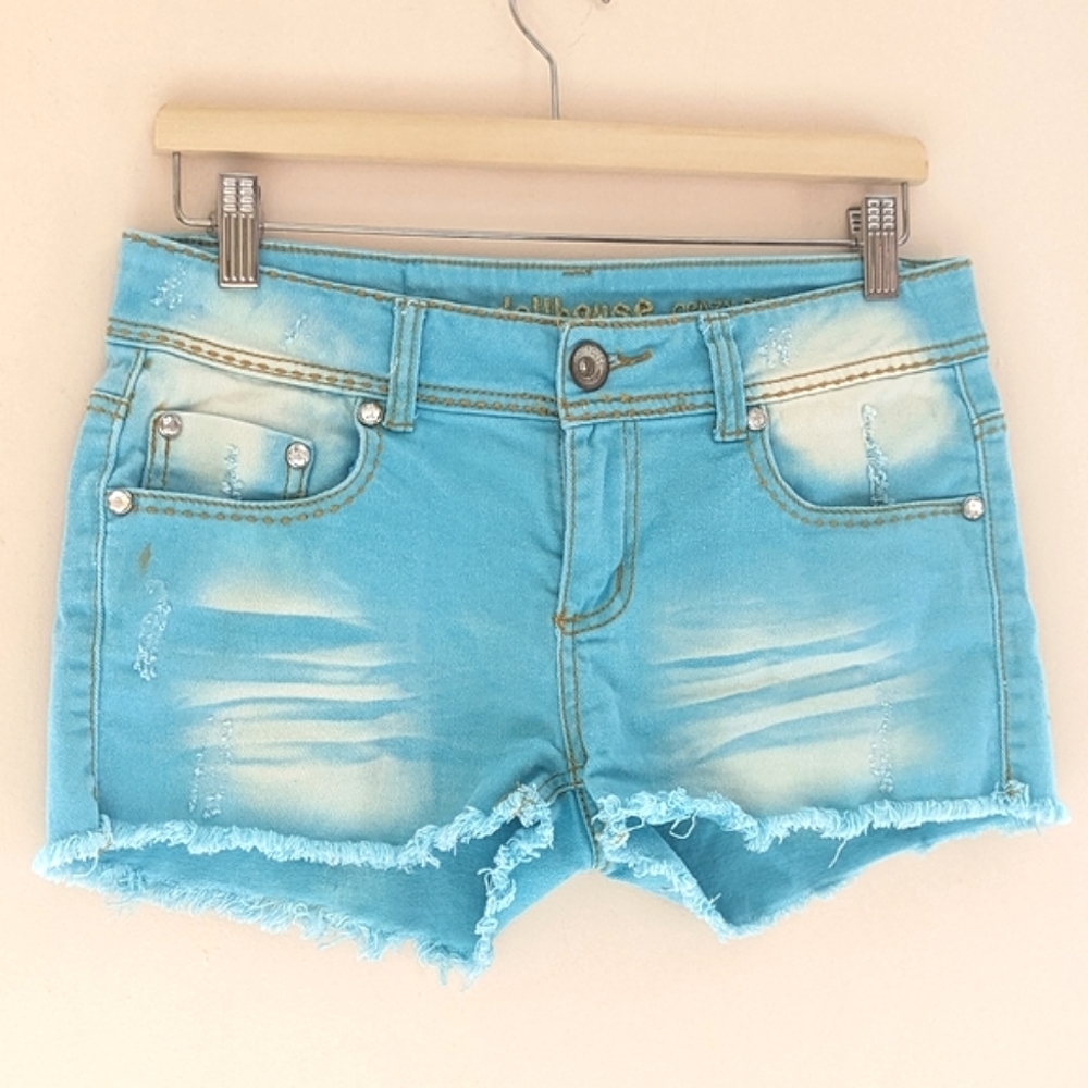 Vintage Y2K Dollhouse bright blue and white denim shorts distressed frayed sz 11